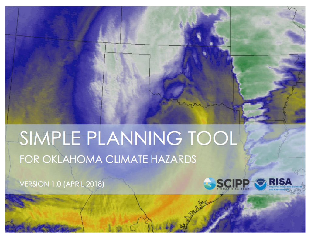 A satellite image of the southern plains with the text Simple Planning Tool for Oklahoma Climate Hazards