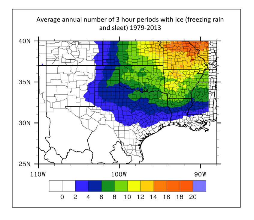 A map of the south central region showing average annual number of 3 hour periods with ice from 1979-2013