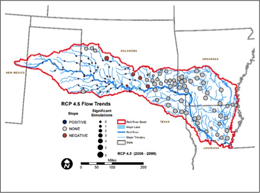 A map outlining the Red River Basin from New Mexico through Texas, Oklahoma, Arkansas, and Louisiana