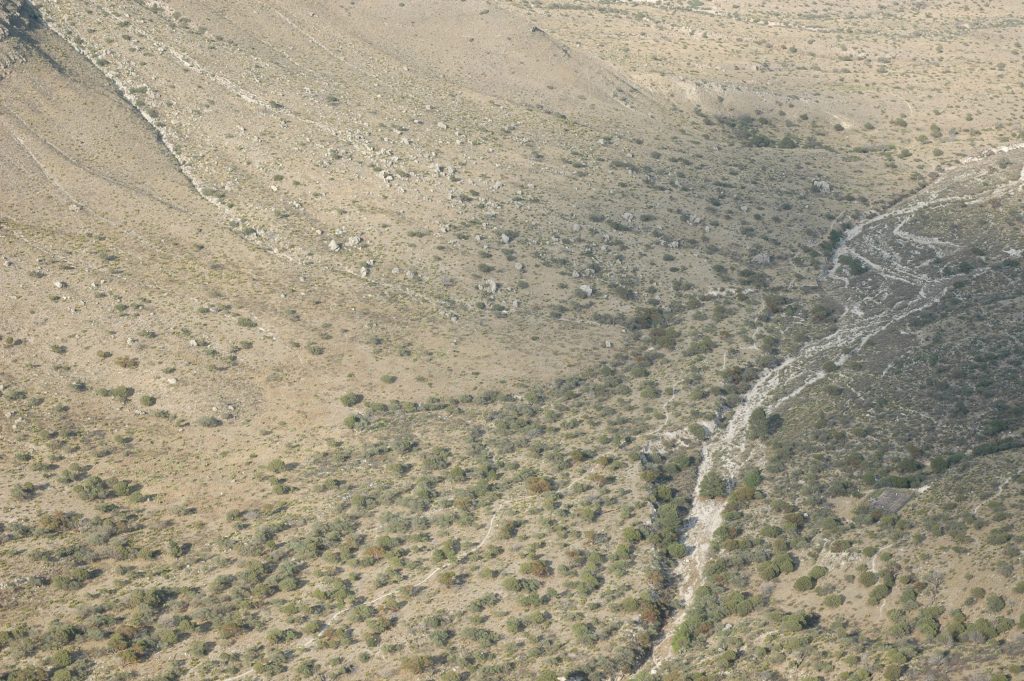 An arid valley with a stream bed running down the middle