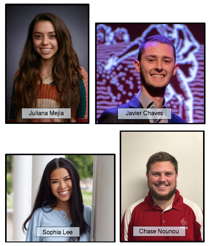Headshots of scholarship winners Juliana Mejia, Javier Chaves, Sophia Lee, and Chase Nounou