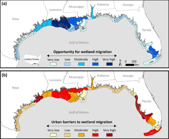 Two maps showing the Gulf Coast. The top map shows Opportunity for wetland migration, while the bottom map shows Urban barriers to wetland migration