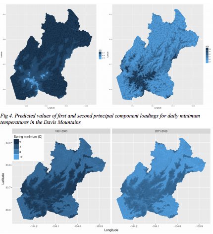 A grid of maps showing the predicted values of first and second principle component loadings for daily minimum temperatures in the Davis Mountains
