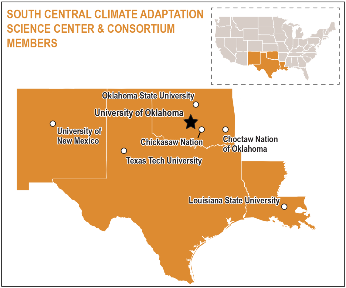 A map of the South Central CASC coverage area marking the Host Center and Consortium Members