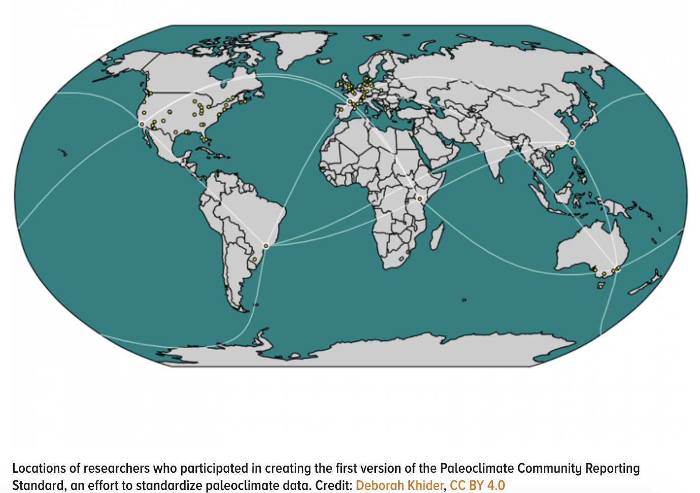 A map of the globe showing the locations of researchers who participated in the project