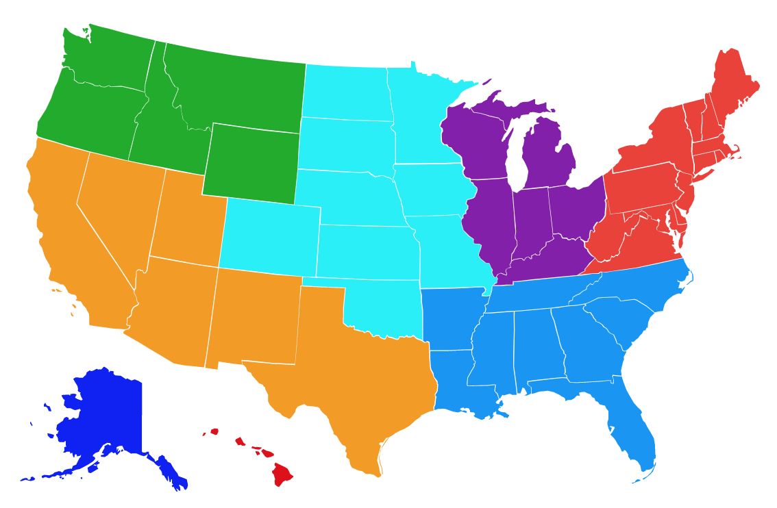 A map of the United States with color coded regions