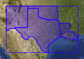 A map highlighting the states of New Mexico, Texas, Oklahoma, and Louisiana