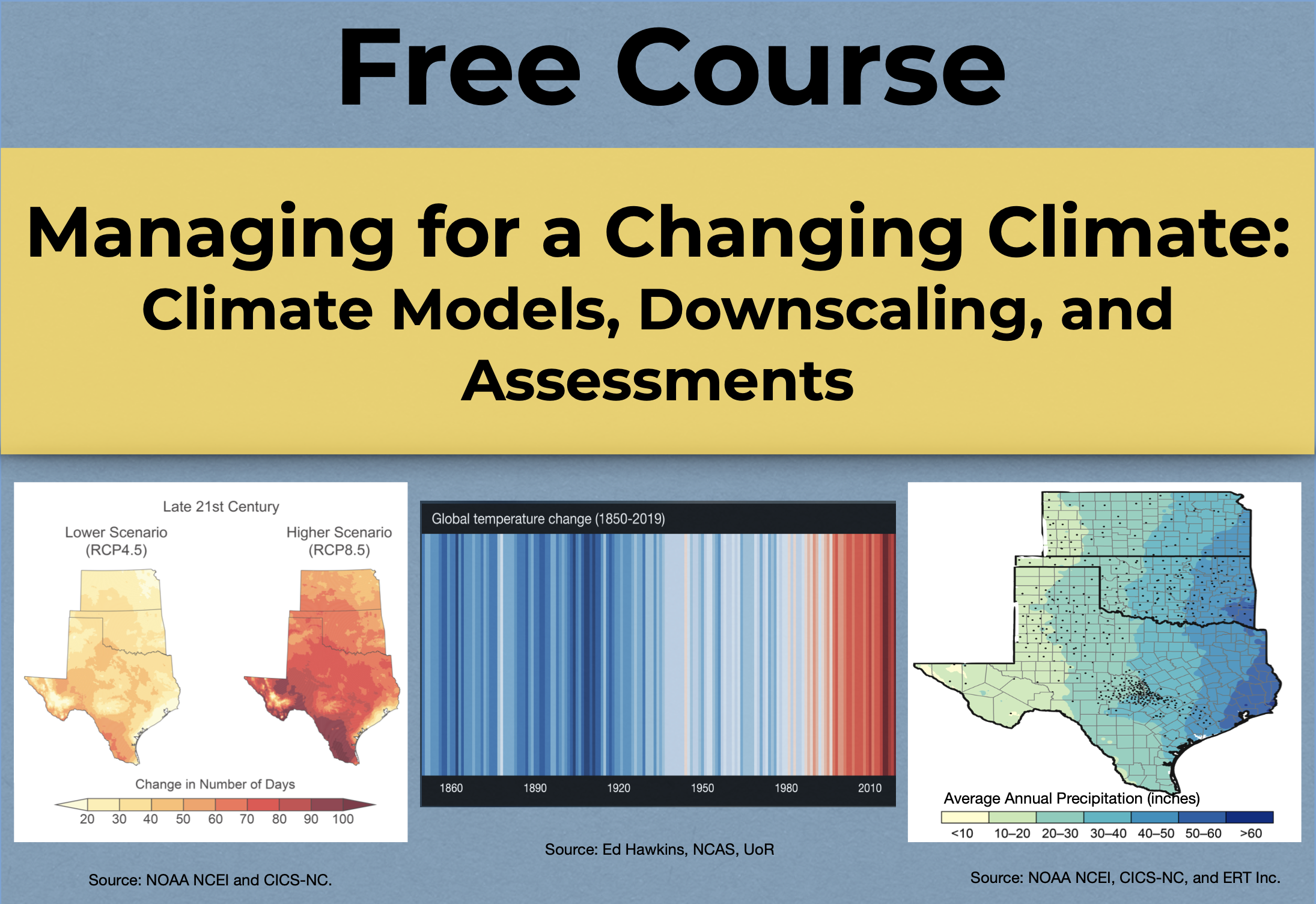 Course flyer saying: Free Course Managing for a Changing Climate: Climate Models, Downscaling, and Assessments