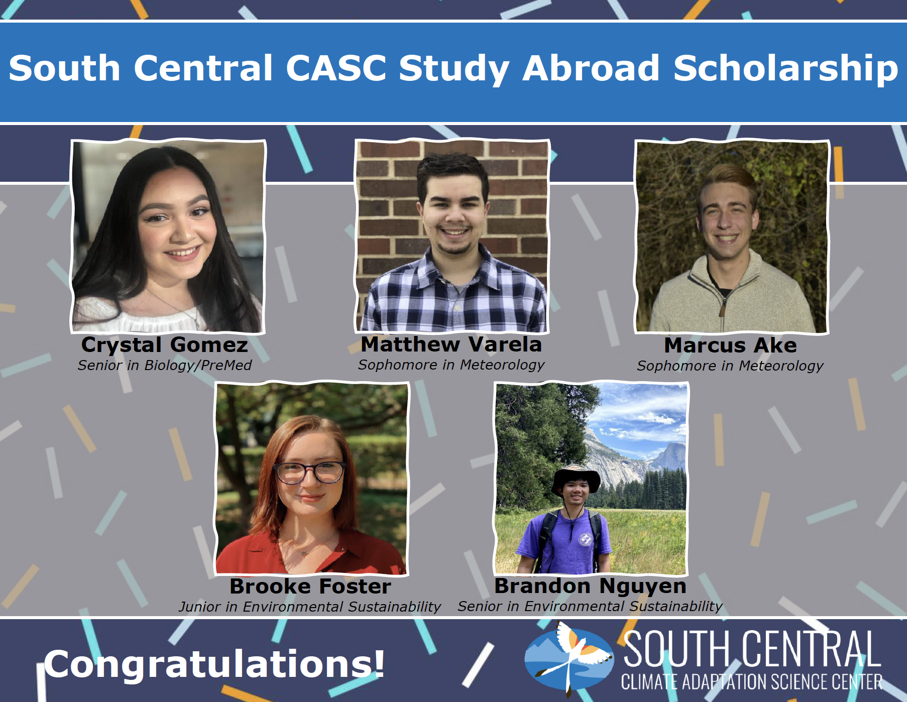 2021 Study Abroad Scholarship Winners, left to right: Crystal Gomez, Matthew Varela, Marcus Ake, Brooke Foster, and Brandon Nguyen.