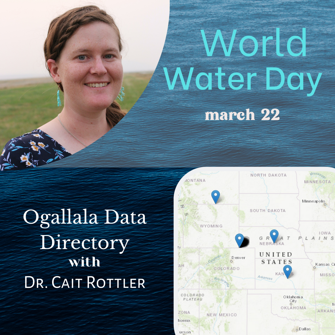 Flyer for World Water Day March 22, featuring a picture of Dr. Cait Rottler and her work on the Ogallala Data Directory