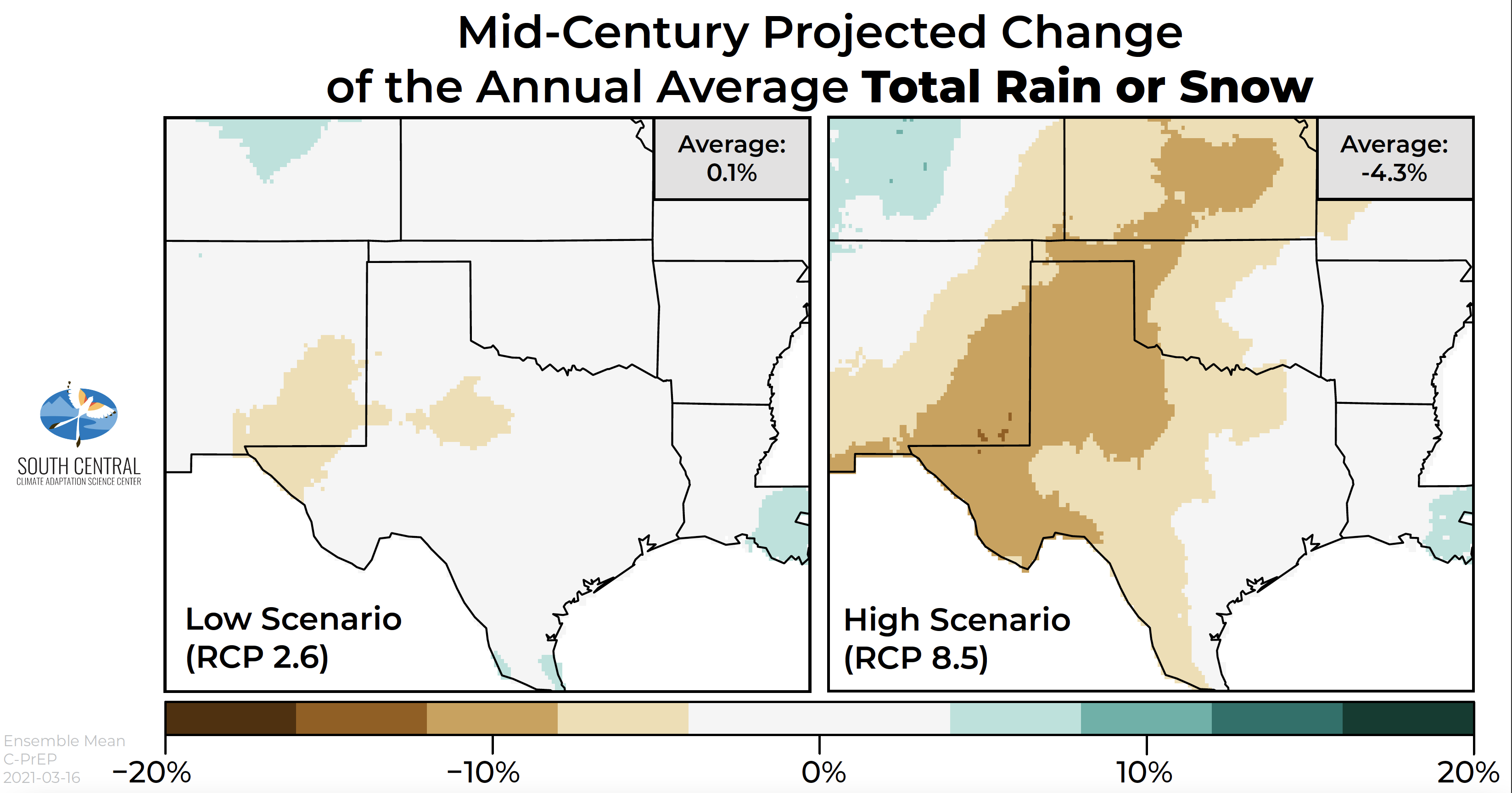 Downscale projection maps showing the mid-century projected change of annual average total precipitation