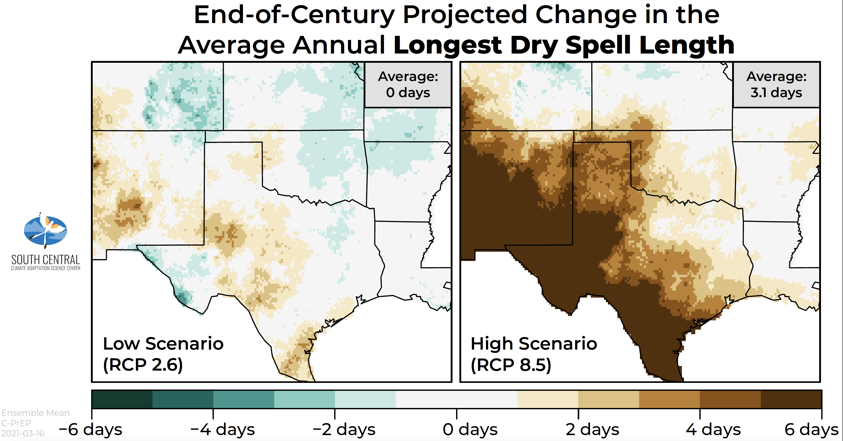 A map of climate projections for End-of-Century Projected Change in the Average Annual Longest Dry Spell Length