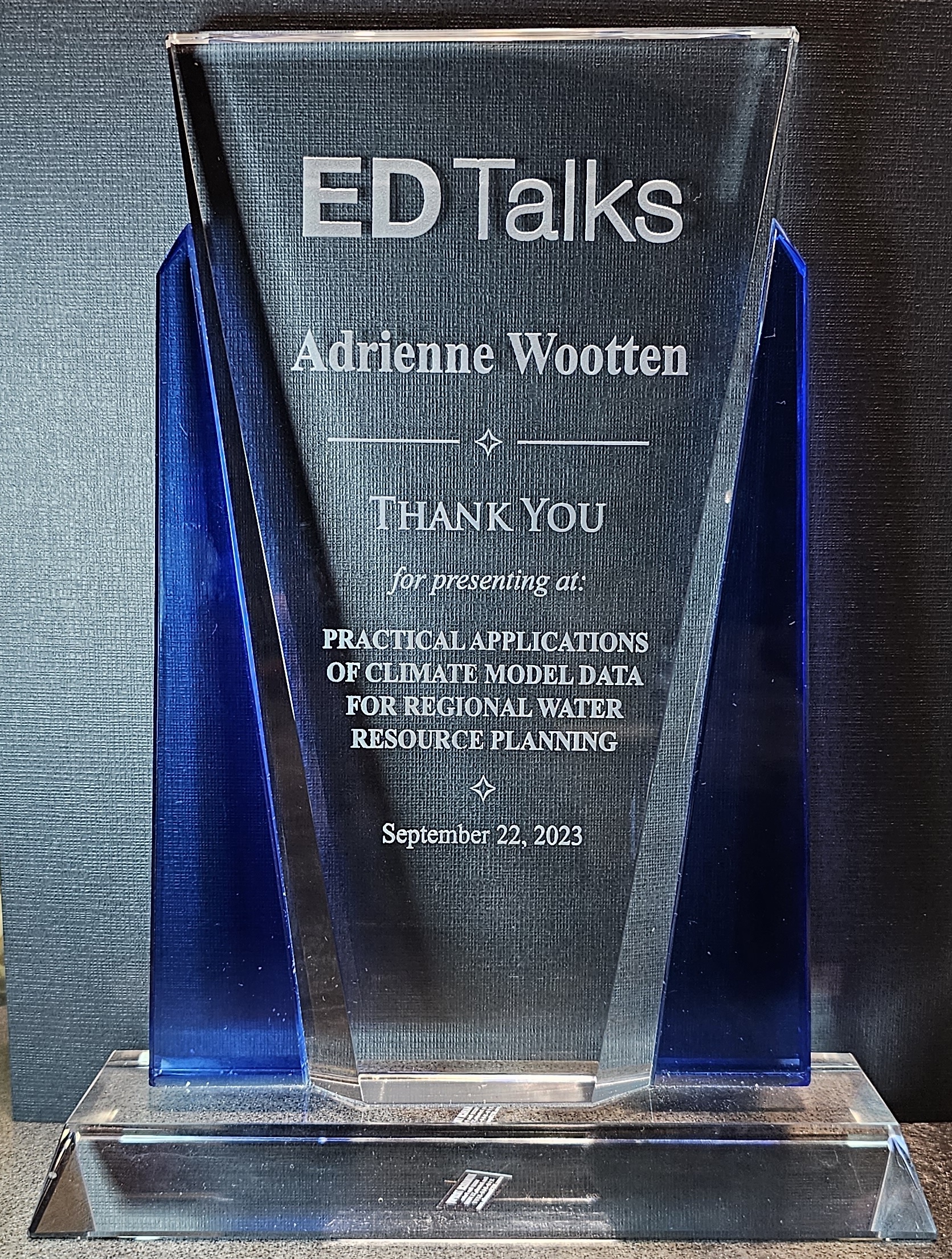 ED Talks appreciate award for Adrienne Wootten for presenting in 2023