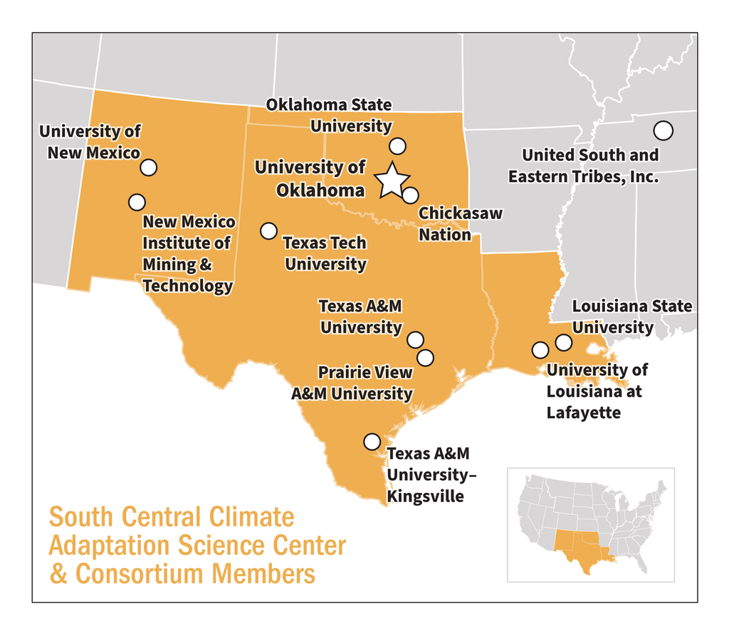 Map of the United States highlighting New Mexico, Texas, Oklahoma, and Louisiana and indicating the locations of the South Central CASC consortium members.