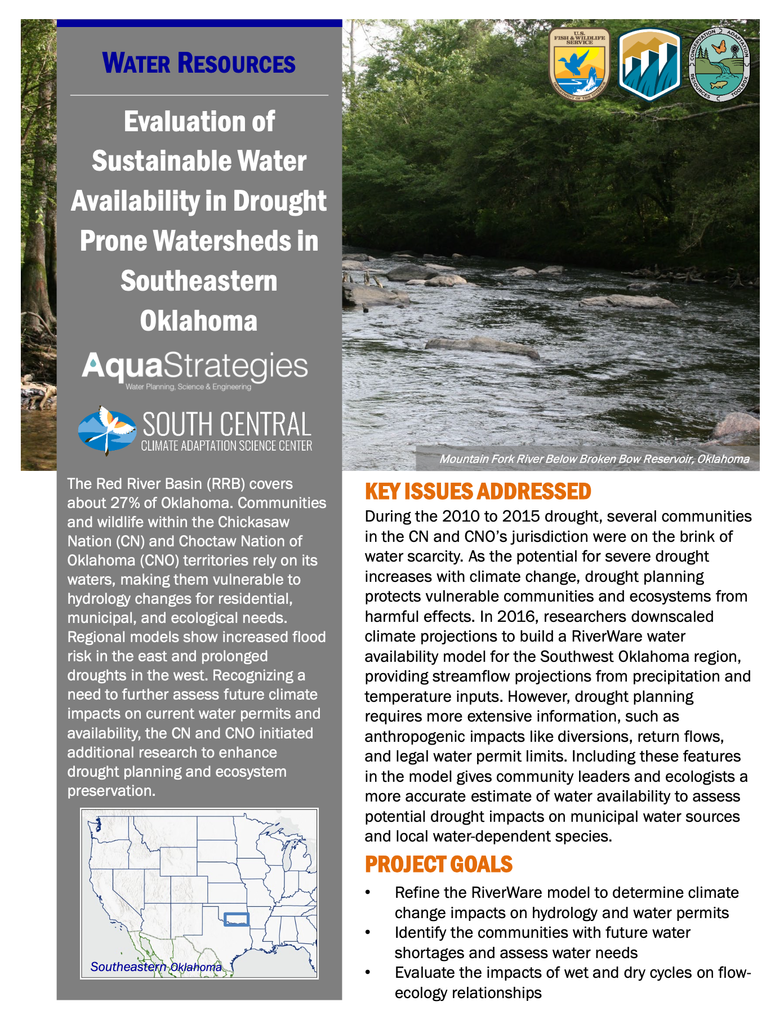 Front page of the summary flyer for Evaluation of Sustainable Water Availability in Drought Prone Watersheds in Southeastern Oklahoma