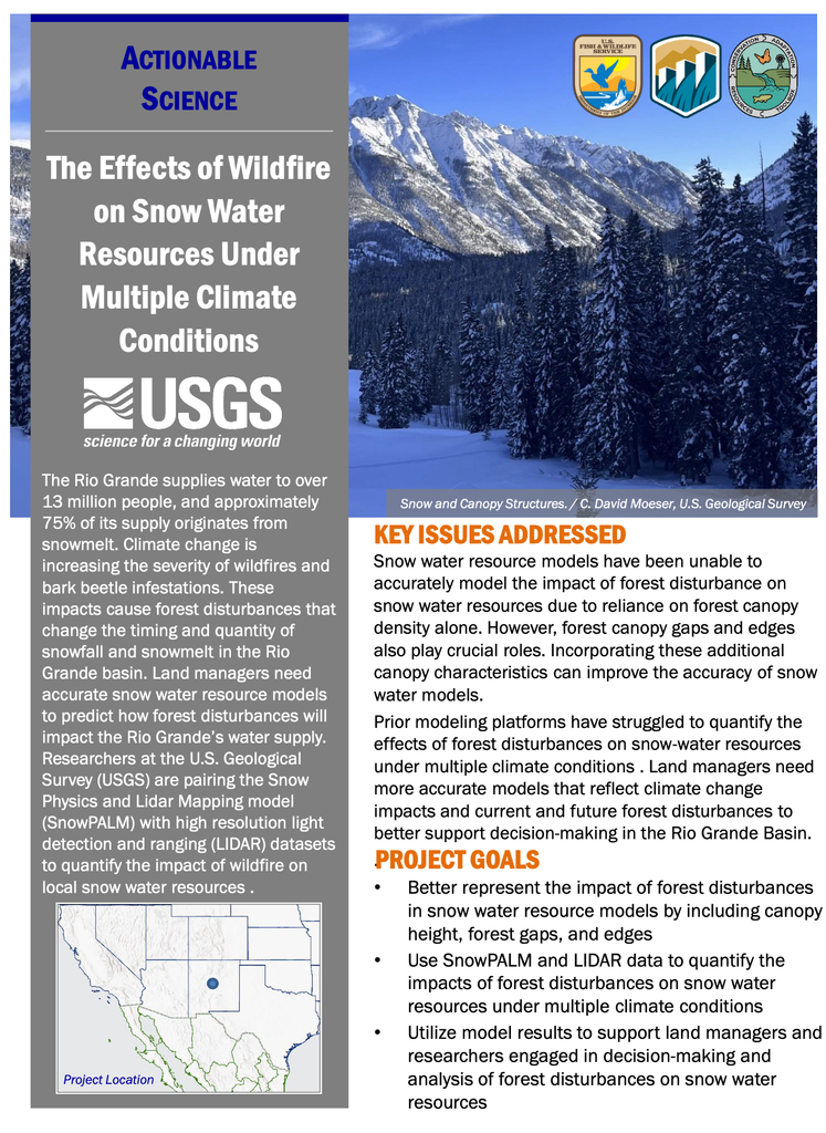 Front page of the summary flyer for The Effects of Wildfire on Snow Water Resources Under Multiple Climate Conditions